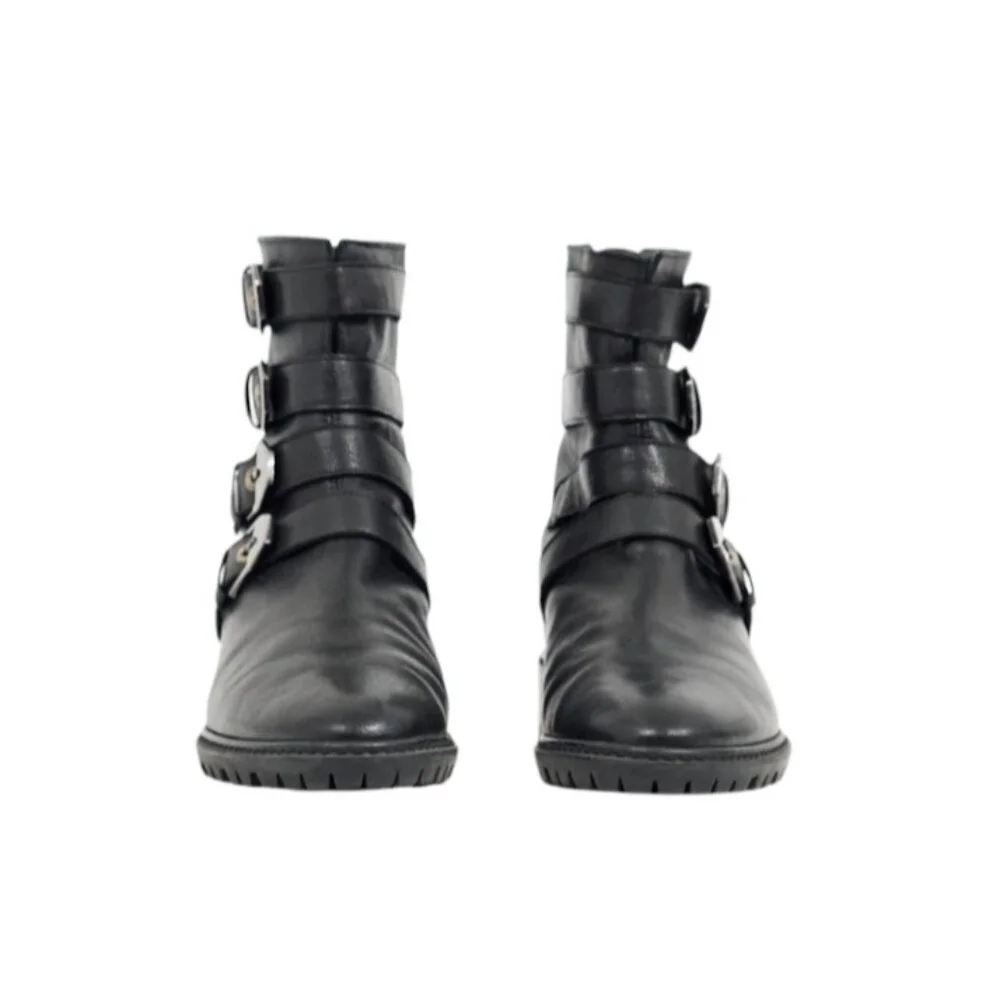 Stuart Weitzman Jitterbug Boot Leather Moto Four Buckle Black Round Toe Ankl 8